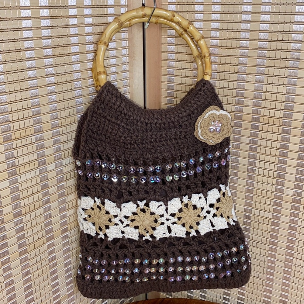 LiLu Boho Macrame Crochet Purse Bamboo Handles